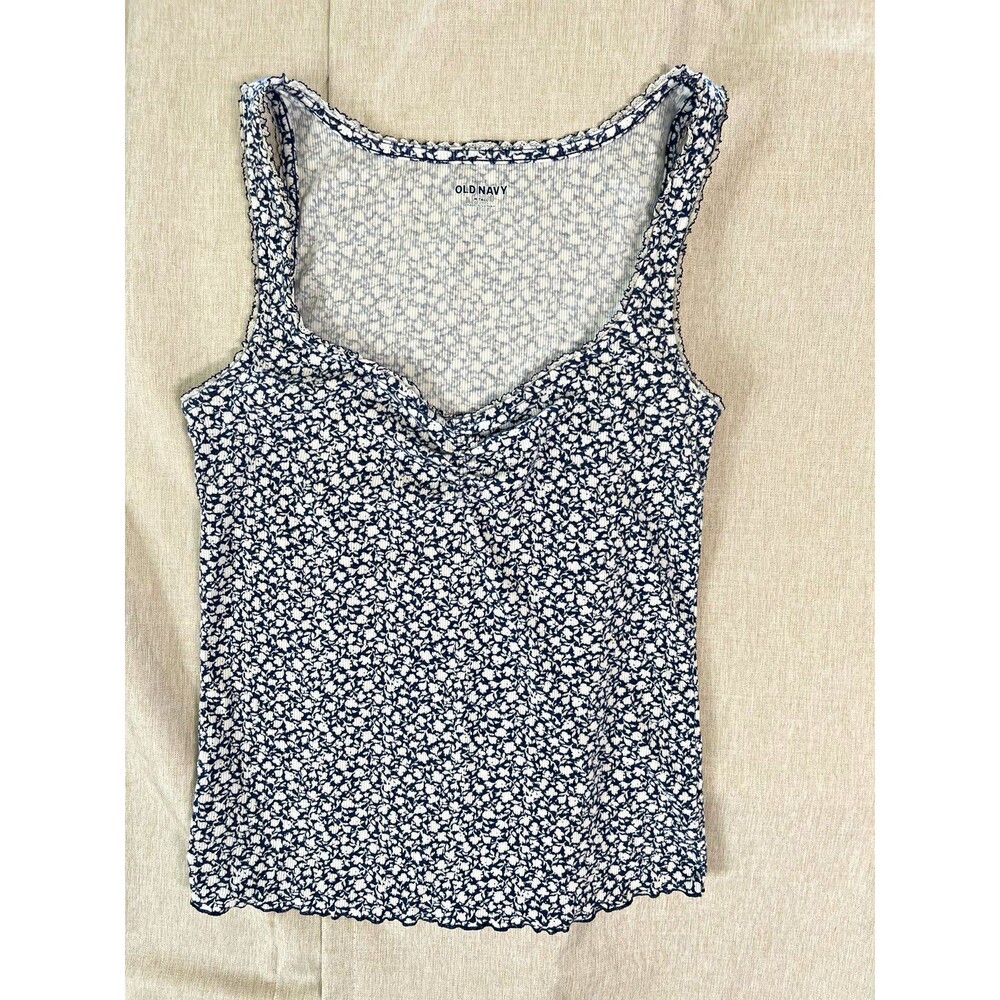 Old Navy Womens Medium Tall Floral Ribbed Tank Top Lace Trim Lettuce Hem Navy